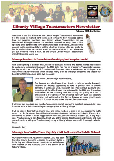 Toastmaster Newsletter Example Liberty Village Toastmasters Newsletter #2 | Liberty Village ...